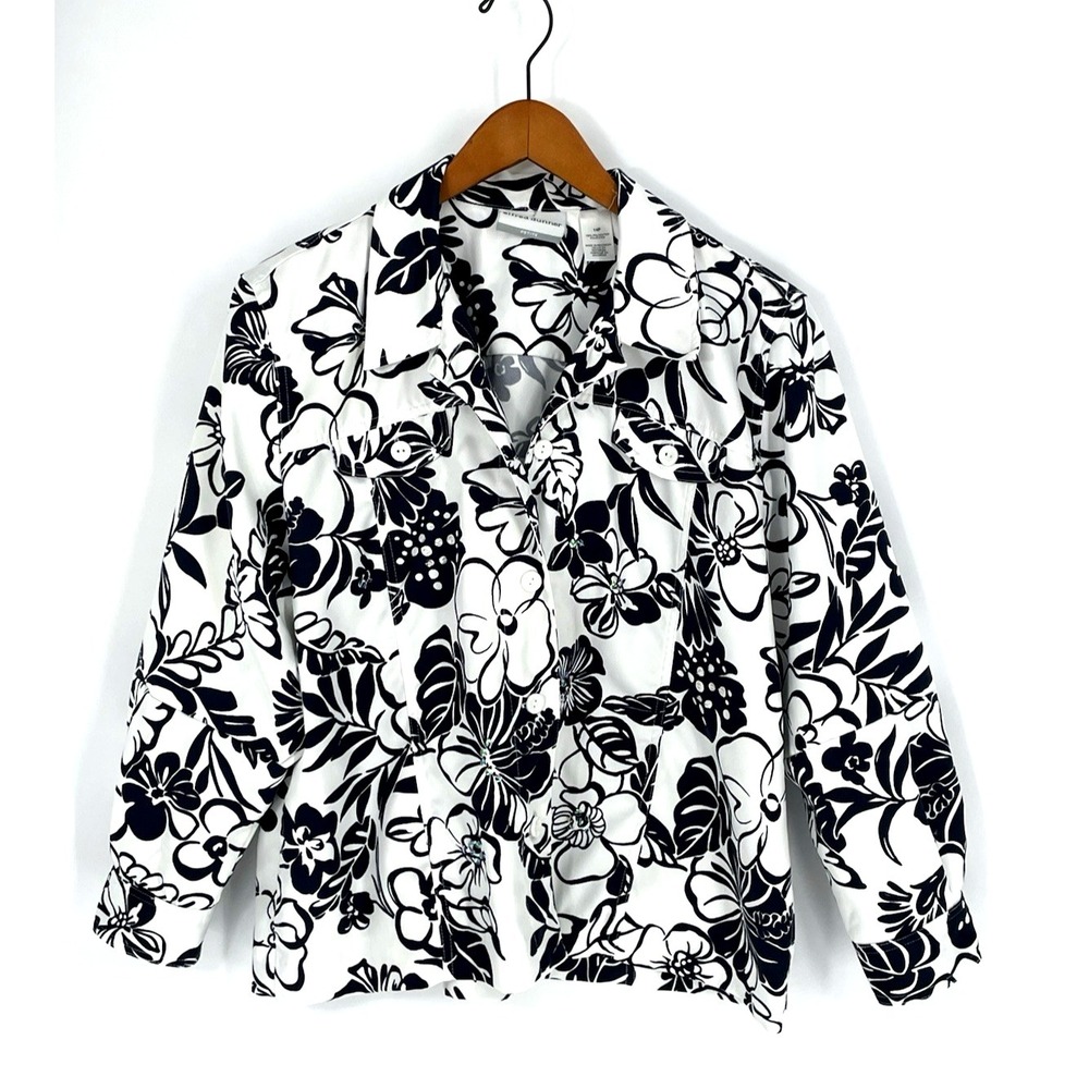 Alfred Dunner Womens 14P‎ Blazer Blue White Floral With Sequins Pockets READ